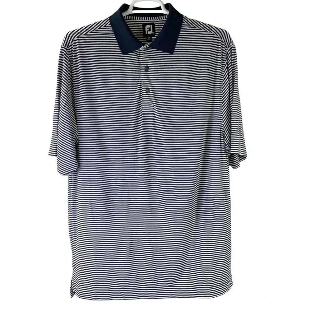 FootJoy FJ Striped Navy Athletic Polo Golf Shirt Men Size L MGA Lomas Cup 2014